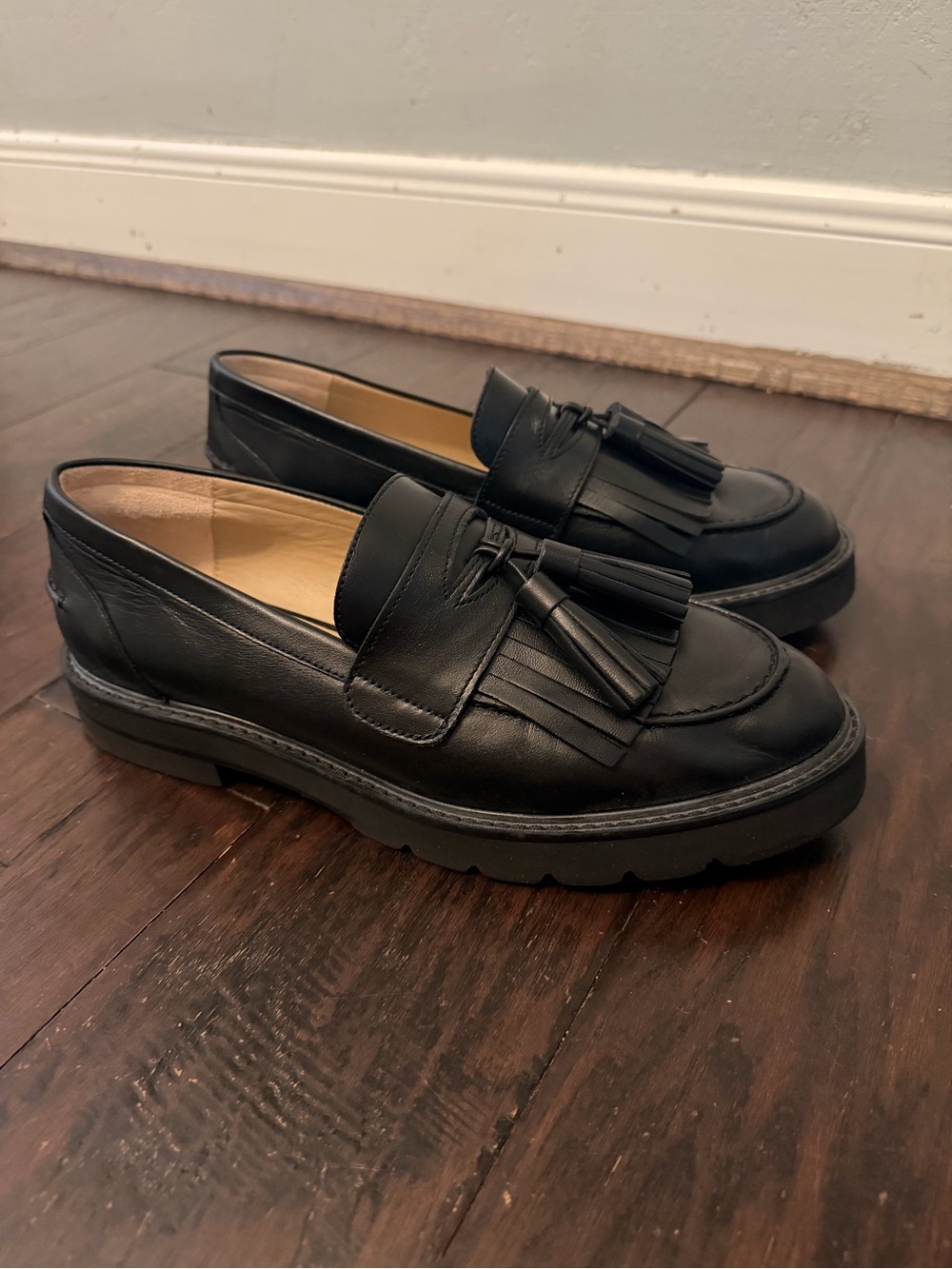 Stuart Weitzman Adrina Black Leather Tassel Lug Sole Loafers 10.5